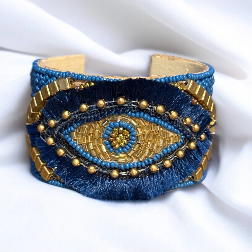 Handmade blue and gold beaded evil eye wide cuff bracelet